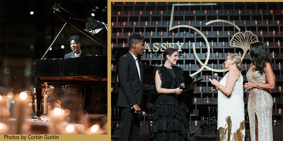 Left: Batiste performing piano. Right:  Jon Batiste, Suleika Jaouad, Becky Massey, GeNienne Samuels