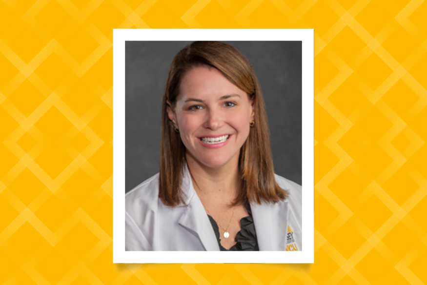 Headshot of Jaclyn Wall on yellow patterned background with white border