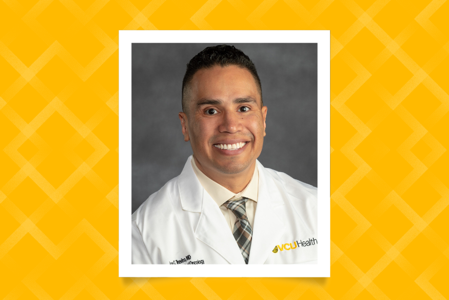Headshot of clinician Jose Trevino on a patterned yellow background