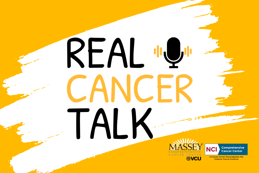 Graphic with 'Real Cancer Talk' text and microphone icon